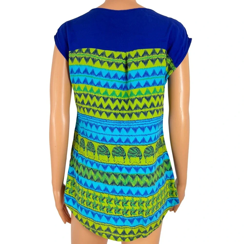 Global Desi Womens Blue Green Geometric Print Tunic‎ Top Cap Sleeve Size S